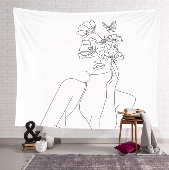 Black Line Art White Floral Wall Tapestry Woman Abstract Face Butterfly Flowers